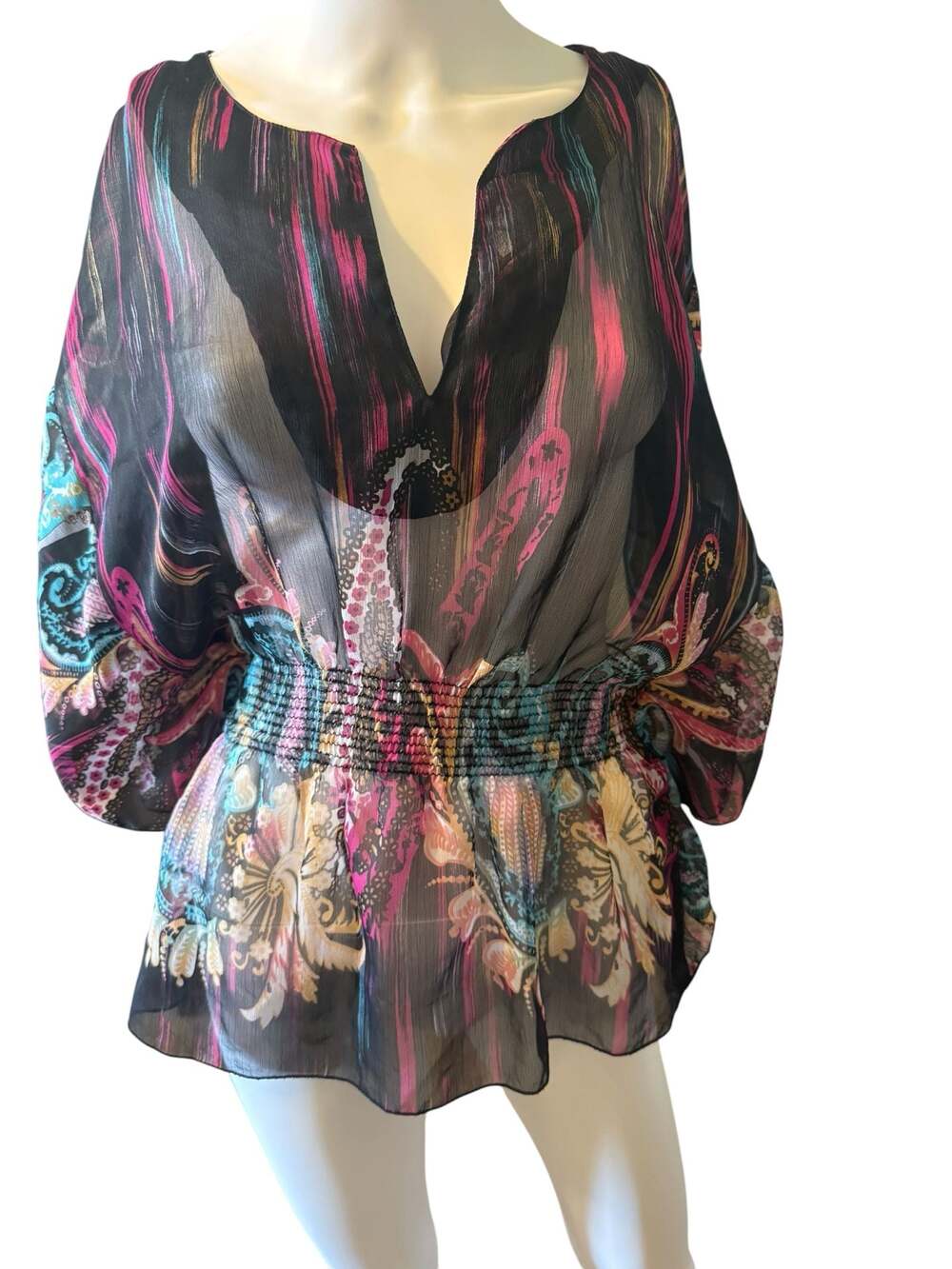 Sugar 17 Wmns Sheer Boho V-Neck Blouse with Cinched waist paisley print